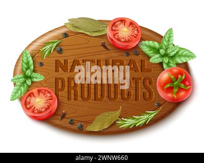 Prodotti naturali su tagliere in legno. Pomodori freschi basilico e spezie, alloro e pepe nero. Simbolo della cucina. Etichetta o emblema della gastronomia Illustrazione Vettoriale