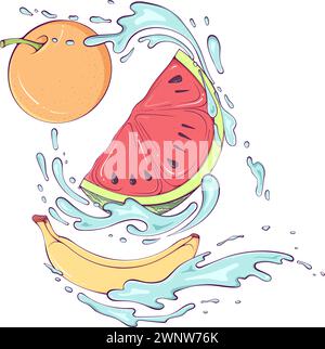 Frutta volante con spruzzi di acquerello Illustrazione Vettoriale