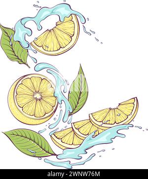 Fette di limone volanti con colore spruzzo Illustrazione Vettoriale