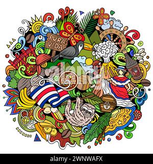 Divertente illustrazione vettoriale con tema Costa Rica. Design vivace e accattivante, che cattura l'essenza della cultura e della tradizione dell'America centrale Illustrazione Vettoriale