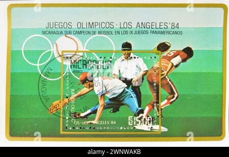 Francobollo cancellato stampato dal Nicaragua, che mostra Baseball, Giochi Olimpici estivi 1984 - Los Angeles, circa 1984. Foto Stock