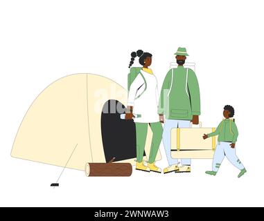 Viaggi in famiglia, campeggio per turisti, isolato su sfondo bianco. Picnic per le vacanze dei personaggi escursionistici. Spedizione con la gente. Madre, padre e figlio sta Illustrazione Vettoriale
