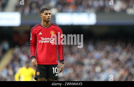 3 marzo 2024; Etihad Stadium, Manchester, Inghilterra; Premier League Football, Manchester City contro Manchester United; Marcus Rashford del Manchester United Foto Stock