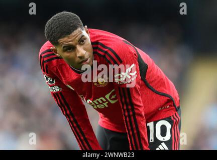 3 marzo 2024; Etihad Stadium, Manchester, Inghilterra; Premier League Football, Manchester City contro Manchester United; Marcus Rashford del Manchester United Foto Stock