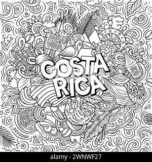 Divertente illustrazione vettoriale con tema Costa Rica. Design vivace e accattivante, che cattura l'essenza della cultura e della tradizione dell'America centrale Illustrazione Vettoriale