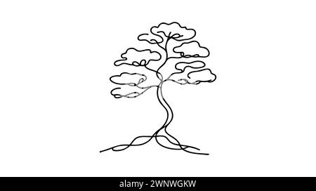 Una linea di bonsai continua. Concept albero minimale in banner pot. Grafica della linea, silhouette, contorno, illustrazione vettoriale. Illustrazione Vettoriale