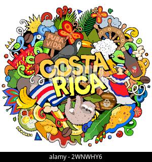 Divertente illustrazione vettoriale con tema Costa Rica. Design vivace e accattivante, che cattura l'essenza della cultura e della tradizione dell'America centrale Illustrazione Vettoriale