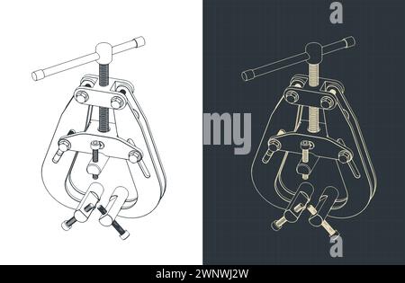 Illustrazioni vettoriali stilizzate di progetti isometrici di un morsetto per saldatura a tubo Illustrazione Vettoriale