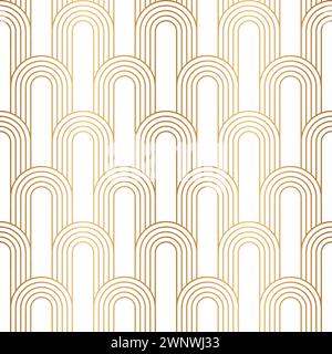 Ripetizione continua ad arco. Arco circolare ripetuto. Art Déco oro. Sfondo dorato. Design geometrico ripetuto per le stampe. Forma circolare arcobaleno. Onde Illustrazione Vettoriale