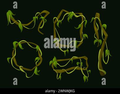 Vigne della giungla liana con foglie verdi. Immagine vettoriale cartoni animati bordo di alberi della foresta pluviale rampicanti con fogliame. Lungo fusto e corda per arrampicate con edera. Cornice di vegetazione sospesa tropicale. Illustrazione Vettoriale