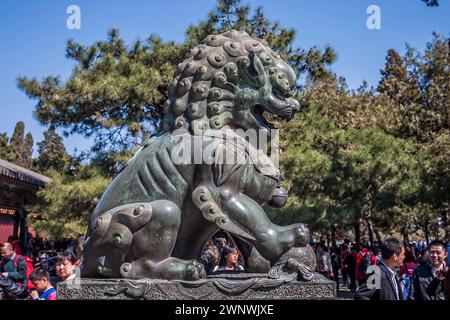 Grande statua in bronzo del Foo Dog cinese al lago Kunming, Pechino, Cina, il 3 aprile 2011 Foto Stock