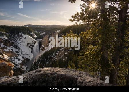 Cattura la bellezza di un tramonto, con i raggi del sole che penetrano tra gli alberi che si affacciano su un vasto canyon innevato a Yellowstone Foto Stock