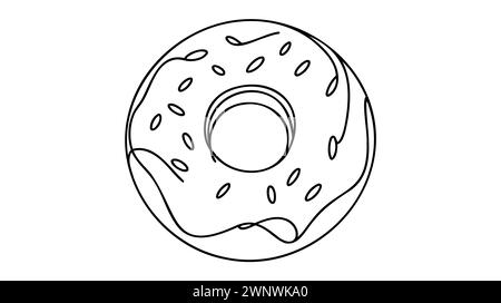 Disegno a linea singola continua dell'etichetta stilizzata con il logo del negozio di ciambelle. Ristorante Emlem fast food Donut. Illustrazione Vettoriale
