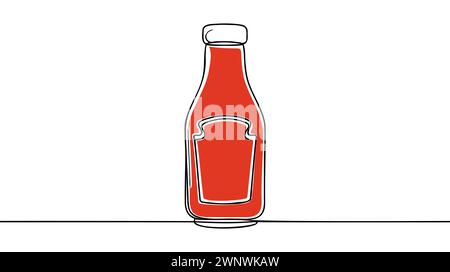 Le bottiglie di ketchup di pomodoro e senape sono vettoriali a una riga, illustrazione continua. Icona silhouette lineare disegnata a mano. Illustrazione Vettoriale
