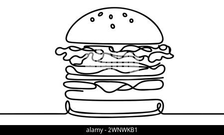 Un disegno continuo con il logo del ristorante, un delizioso hamburger americano. Illustrazione Vettoriale