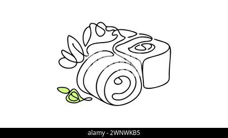 Disegno vettoriale continuo su una sola linea di sushi roll in silhouette su sfondo bianco. Lineare stilizzato Illustrazione Vettoriale