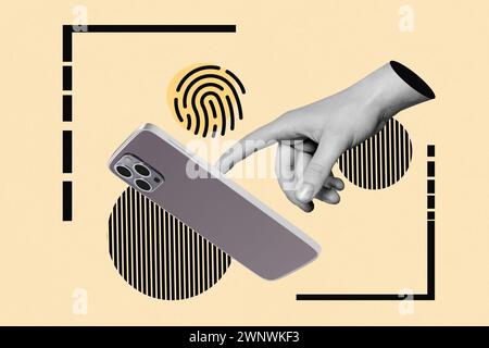 Modello di foto collage di tecnologia moderna con impronte digitali accesso wireless a smartphone con schermo tattile isolato su sfondo di colore beige Foto Stock