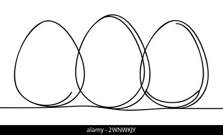 Grafica a linee d'uovo, disegno continuo su una linea di uovo intero in guscio, grafica in bianco e nero. Illustrazione Vettoriale