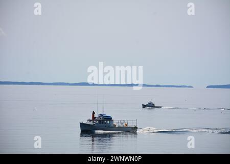 Orizzonte con l'isola e le formazioni rocciose sull'Atlantico vicino a Rockport, Maine Foto Stock