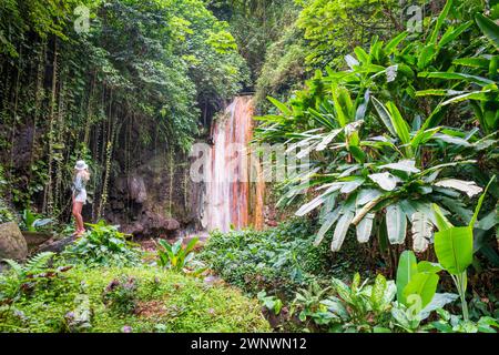 Donna che guarda la cascata dei diamanti e il giardino botanico Soufriere, Saint Lucia, Indie occidentali, Caraibi orientali Foto Stock