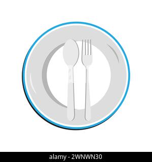 Capsula, piastra vuota con coltello e forchetta isolata su sfondo bianco. Icona del cerchio della piastra con un'ombra lunga. Design piatto. Illustrazione Vettoriale