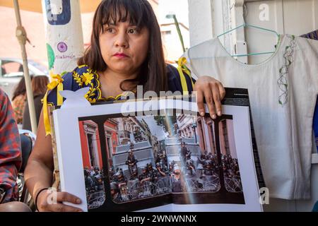 Oaxaca, Messico - Alejandra Canseco Alhil discute le proteste del 2006 a Oaxaca con visitatori stranieri. Era una dei leader del popolare Assemb Foto Stock