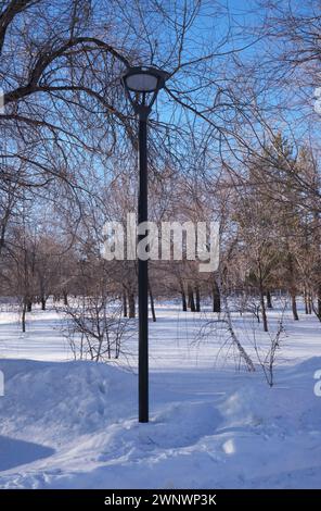 Palo della lampada in un parco pubblico coperto di neve in inverno Foto Stock