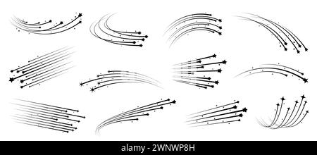 Stelle natalizie, stelle cadenti, comete cadenti con sentieri e tracce, sagome meteoriche spaziali. Set vettoriale monocromatico, strisce di luce ed energia, per creare un senso di movimento ed eleganza cosmica Illustrazione Vettoriale