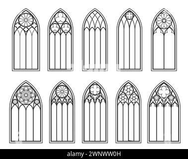 Le finestre della chiesa gotica cattolica e l'arco medievale, con un profilo vettoriale isolato, sono caratterizzate da silhouette nere. Cornici in vetro colorato vintage, interni in stile cattedrale, elementi monocromatici. Architettura tradizionale europea Illustrazione Vettoriale