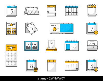 Icone di contorno del calendario. Memo di pianificazione aziendale, programma didattico o pittogrammi vettoriali sottili. Conto alla rovescia di scadenza, promemoria di un evento o di un giorno di riunione, icona a strappo o calendario raccoglitore Illustrazione Vettoriale