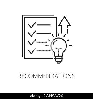 Raccomandazioni. Icona di controllo Web. Report sui contenuti Web, controllo del sondaggio SEO o campagna di marketing analisi del traffico simbolo vettoriale lineare, pittogramma della linea di ricerca dei dati del sito Web con lampadina idea, elenco di controllo Illustrazione Vettoriale