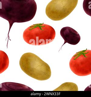 Vegetale senza cuciture ad acquerello, disegnato a mano. Barbabietole, pomodori, patate. Per tessuti da cucina, carta da parati, menu, design di imballaggio Foto Stock
