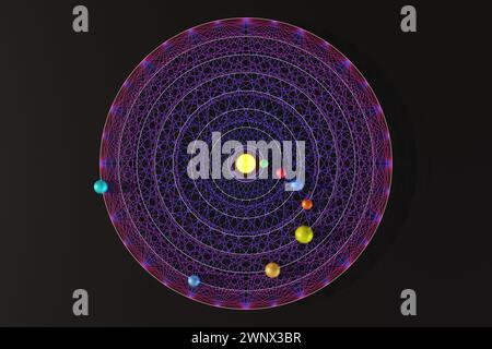 Otto colorate sfere metalliche e cerchi bianchi su linee circolari viola su sfondo scuro. Concetto di pianeti orbitanti nel sistema solare Foto Stock