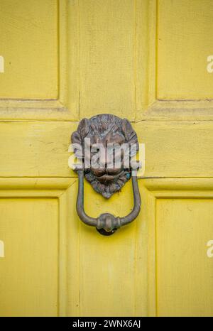 battente porta antica a forma di maschera leone con testa di leoni e porta georgiana dipinta di giallo. Foto Stock