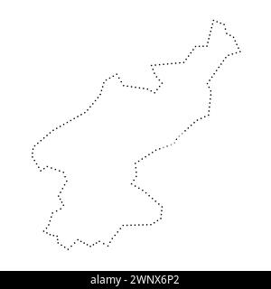 Mappa semplificata del paese della Corea del Nord. Contorno tratteggiato nero. Semplice icona vettoriale. Illustrazione Vettoriale