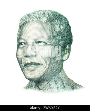 Nelson Mandela (1918 - 2013). Ritratto sul Sud Africa 10 Rands Banknote, primo piano Foto Stock