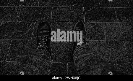 Immagine monocromatica in bianco e nero. Piedi in stivali contro lo sfondo di piastrelle di strada o la strada. Due gambe di un uomo seduto, fotografate dall'alto Foto Stock
