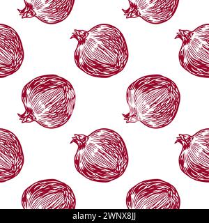 Motivo senza cuciture melograno. Frutta intera, fette. Illustrazione vettoriale in stile grafico. Elemento di design per schede, etichette per alimenti, striscioni, copertine, involucri Illustrazione Vettoriale