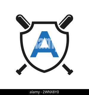 Modello vettoriale con logo da baseball Letter A. Simbolo del baseball Illustrazione Vettoriale