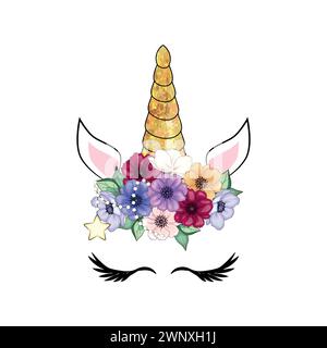 Carina testa di unicorno con corona di fiori Illustrazione Vettoriale