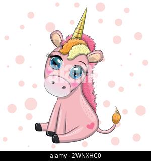 Pony rosa unicorno seduto. Carino scheda del bambino, ragazza del bambino con gli occhi grandi. Illustrazione Vettoriale
