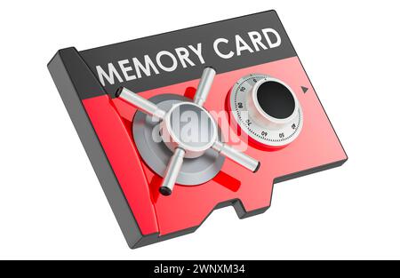 Scheda di memoria con blocco a combinazione sicuro, rendering 3D isolato su sfondo bianco Foto Stock