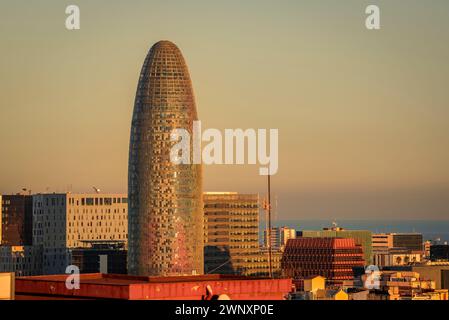 Torre Glòries (ex Torre Agbar) vista al tramonto (Barcellona, Catalogna, Spagna) ESP: Torre Glòries (antes Torre Agbar) vista al atardecer (España) Foto Stock