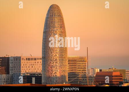 Torre Glòries (ex Torre Agbar) vista al tramonto (Barcellona, Catalogna, Spagna) ESP: Torre Glòries (antes Torre Agbar) vista al atardecer (España) Foto Stock