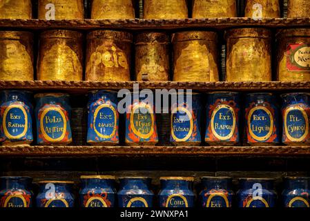 Museo municipale - farmacia Esteva, a Llívia, con la vecchia farmacia, una delle più antiche d'Europa (Cerdanya, Girona, Catalogna, Spagna, Pirenei) Foto Stock