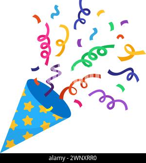 Party popper Explosion. Cappello festivo con coriandoli colorati, elemento celebrativo del compleanno. Clapperboard esplosivo, vettore neoterico decorativo cartoni animati Illustrazione Vettoriale