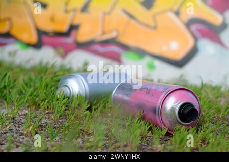 Molti spruzzatori usati con vernice e tappi per spruzzare vernice sotto pressione sull'erba vicino alla parete verniciata nei disegni colorati dei graffiti Foto Stock