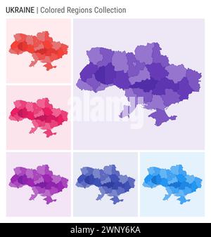 Raccolta mappe Ucraina. Forma del paese con regioni colorate. Viola intenso, rosso, rosa, viola, indaco, tavolozze di colore blu. Illustrazione Vettoriale