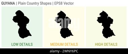 Guyana - forma di campagna pianeggiante. Mappe dettagliate bassa, media e alta della Guyana. Illustrazione del vettore EPS8. Illustrazione Vettoriale