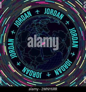 Jordan sul globo. Vista satellitare del mondo incentrata sulla Giordania. Stile neon brillante. Futuristico sfondo radiale in mattoni. Eccezionale illustrazione vettoriale. Illustrazione Vettoriale
